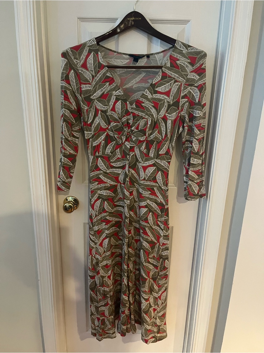 Boden Olive Leaf-Print V-Neck Midi Dress with Red Accents